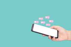 人移动智能手机空白白色屏幕社会媒体的相互作用通知图标朋友社会网络消息电子邮件提到明星智能手机