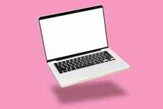 移动PC电脑模拟空空白白色屏幕孤立的粉红色的背景浮动悬浮移动PC笔记本影子现代电脑技术概念
