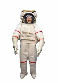 快乐亚洲女人大微笑白色宇航员西装宇航员头盔做梦女宇航员隔离白色背景剪裁路径