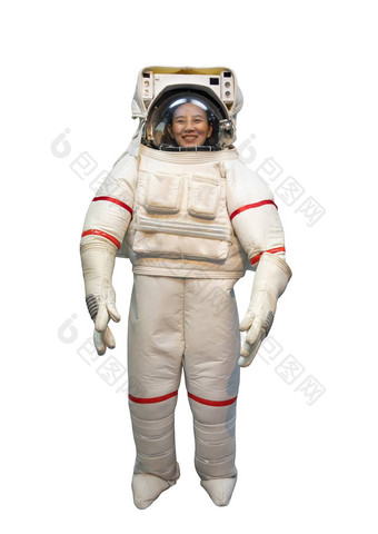 快乐亚洲女人大微笑白色宇航员西装宇航员头盔做梦女宇航员隔离白色背景剪裁路径