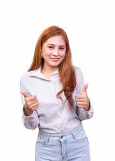 快乐的亚洲女人相机快乐表达式显示竖起大拇指手身体语言情感孤立的白色背景剪裁路径工作室拍摄
