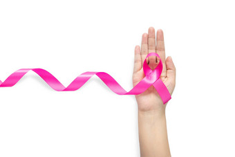 女人手持有粉红色的丝带<strong>乳房癌症意识</strong>象征孤立的白色背景剪裁路径