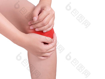 女人痛苦膝盖疼痛联合痛苦红色的颜色突出膝盖孤立的白色背景健康护理医疗概念