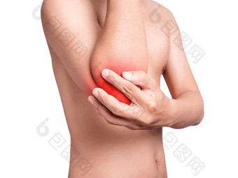 男人。<strong>痛苦</strong>肘疼痛联合<strong>痛苦</strong>红色的颜色突出红色的肘孤立的白色背景健康护理医疗概念