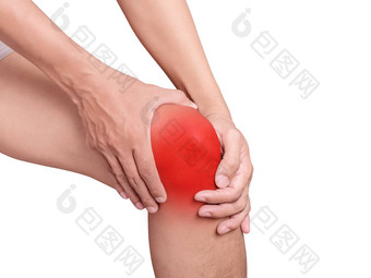 男人。痛苦<strong>膝盖疼痛</strong>联合痛苦红色的颜色突出<strong>膝盖</strong>孤立的白色背景健康护理医疗概念