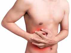 男人。胃痛苦胃痛胃肠病学家概念医疗保健医学疼痛红色的颜色隔离白色背景