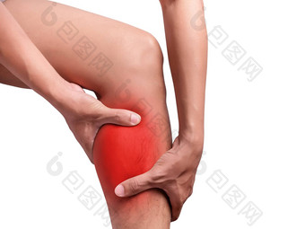 男人。痛苦腿疼痛小腿疼痛红色的颜色突出小腿腿孤立的白色背景健康护理医疗概念