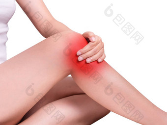 女人痛苦<strong>膝盖疼痛</strong>联合痛苦红色的颜色突出<strong>膝盖</strong>孤立的白色背景健康护理医疗概念