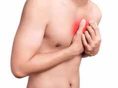男人。胸部疼痛心攻击红色的颜色突出乳房孤立的白色背景医疗保健医疗概念