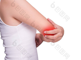 女人痛苦肘疼痛<strong>切换</strong>疼痛红色的颜色突出肘<strong>切换</strong>孤立的白色背景健康护理医疗概念