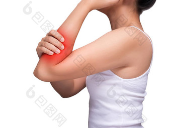 女人痛苦<strong>手臂</strong>疼痛痛苦的<strong>手臂</strong>肌肉红色的颜色突出<strong>手臂手臂</strong>肌肉孤立的白色背景健康护理医疗概念工作室拍摄