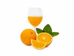 玻璃新鲜的橙色汁集团新鲜的橙色水果绿色叶子孤立的白色背景剪裁路径水果产品显示蒙太奇工作室拍摄