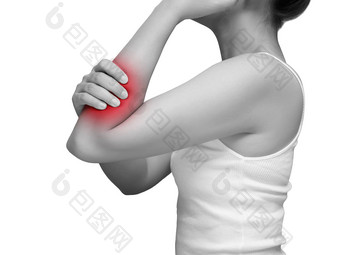 女人痛苦手臂疼痛痛苦的手臂肌肉单语气颜色红色的突出手臂手臂肌肉孤立的白色背景健康护理医疗概念工作室拍摄