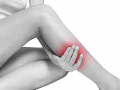 女人痛苦腿疼痛小腿疼痛单语气突出小腿腿孤立的白色背景健康护理医疗概念