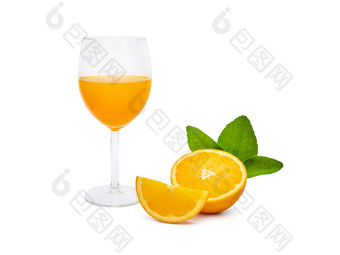 玻璃新鲜的橙色汁集团新鲜的橙色水果绿色叶子孤立的白色背景水果产品显示蒙太奇工作室拍摄