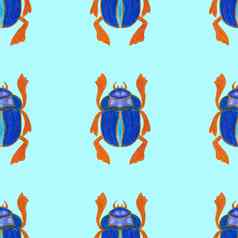 圣甲虫孤立的蓝色的背景无缝的模式错误昆虫甲虫设计包装纸封面问候卡壁纸织物