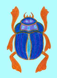蓝色的圣甲虫孤立的光背景古老的神圣的昆虫埃及文化错误象征太阳甲虫标识手画插图彩色的铅笔技术