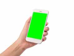 女人手持有现代移动聪明的电话空白绿色屏幕孤立的白色背景剪裁路径空白绿色屏幕把消息