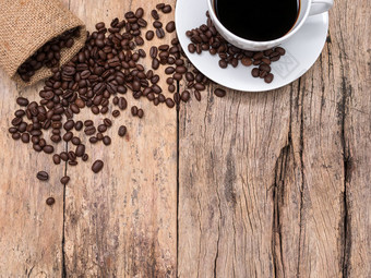 咖啡杯<strong>咖啡豆</strong>子木背景复制空间前视图咖啡<strong>图片</strong>背景咖啡商店咖啡馆业务