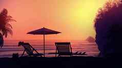 热带度假胜地海滩设置太阳的射线