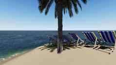 椅子伞海滩阳光明媚的一天棕榈树渲染