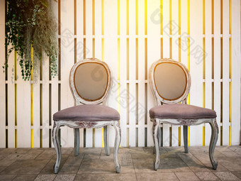复古的古董难看的东西椅子复制空间复古的古董椅子白色木托盘墙背景装修挂观赏植物电影效果