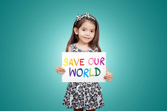 保存世界保存生活保存地球生态系统绿色生活概念可爱的孩子女孩色彩斑斓的标志保存世界绿色颜色背景