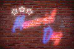 快乐纪念一天问候卡国家美国假期纪念一天背景红色的蓝色的霓虹灯晚上光信明星砖墙背景复古的风格