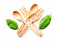 木勺子叉绿色叶自然木餐具
