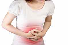 女人遭受胃痛胃肠病学家概念医疗保健医学疼痛红色的颜色隔离白色背景
