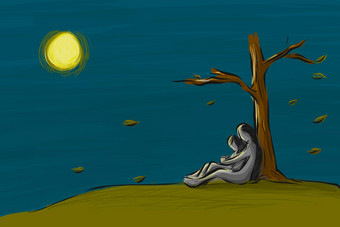 爱夫妇坐树秋天季节晚上月光草图风格