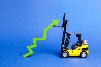 黄色的叉车提出了大绿色箭头增长生产利率<strong>发展</strong>行业基础设施增加销售<strong>经济</strong>增长概念增加增长成功