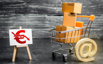 购物车加载盒子电子邮件象征欧元红色的箭头减少在线销售互联网秋天采购权力价格减少高竞争低利润返回投资