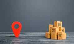 红色的位置指针地理位置象征纸板盒子分布交付货物运费运输装运物流仓库全球市场业务进口出口