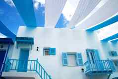 梦想假期概念白色蓝色的建筑圣托里尼岛岛水平背景