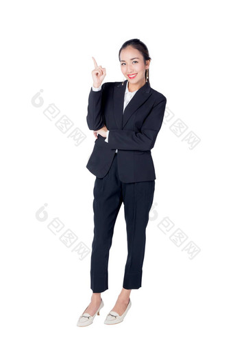 年轻的商务女人手指点白色背景