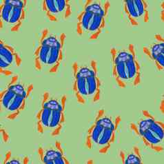 蓝色的圣甲虫孤立的绿色背景无缝的模式错误昆虫甲虫设计包装纸封面问候卡壁纸织物