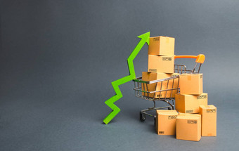 购物车纸板盒子绿色箭头增加速度销售生产货物改善消费者情绪经济增长策略增加收入