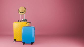 黄色的蓝色的手提箱太阳他眼镜相机柔和的背景旅行概念插图