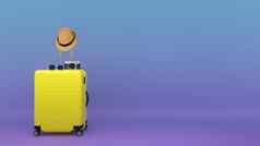 黄色的手提箱太阳他眼镜相机柔和的背景旅行概念插图