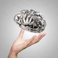 商人手显示金属人类大脑概念