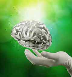 医生神经学家手显示金属大脑绿色背景