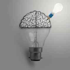 光灯泡手画大脑有创意的的想法概念