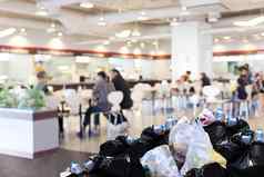 塑料浪费垃圾袋黑色的本完整的很多桩垃圾前面食堂食物法院购物中心部门商店背景污染垃圾本桩转储垃圾浪费