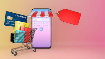 购物袋价格标签信贷卡购物车出现智能手机屏幕购物在线购物狂概念插图对象剪裁路径