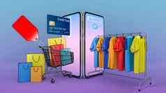 购物袋价格标签购物车衣服悬挂器出现智能手机屏幕购物在线购物狂概念插图对象剪裁路径