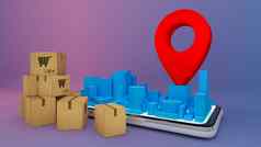 纸盒子移动电话数字城市地图红色的销指针购物在线交付概念呈现