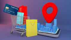 纸袋价格标签信贷卡购物车移动数字城市地图红色的销指针购物在线交付概念呈现