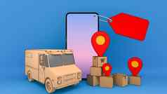 移动电话卡车的纸盒子红色的销指针在线移动应用程序订单运输服务购物在线交付概念呈现