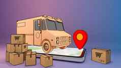 移动电话卡车的纸盒子红色的销指针在线移动应用程序订单运输服务购物在线交付概念呈现